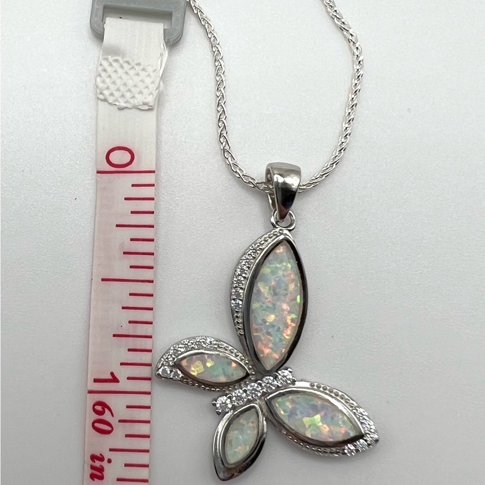 .925 Sterling Silver Lab Created Opal & Cz Butterfly Necklace - Picture 9 of 17